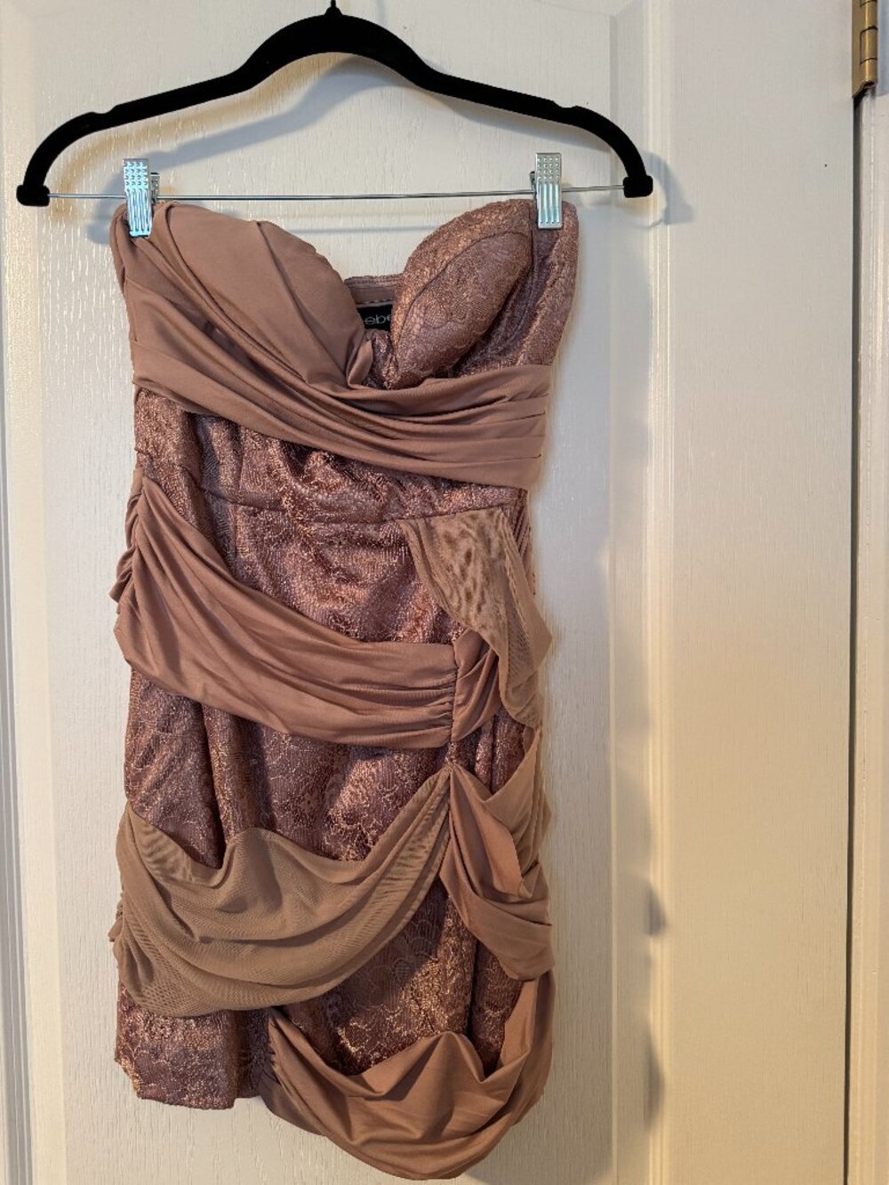 bebe Strapless Ruched Lace Draped Cocktail Dress Rose Mauve Small